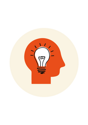 Simple illustration of a human head in profile with a lightbulb inside, in red