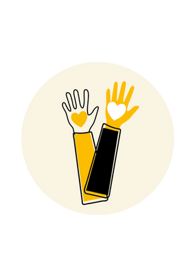 Simple illustration of two hands reaching up with hearts on their palms, in yellow