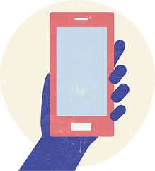 A simple illustration of a mobile phone in a hand, with an irregular cream circle behind the image.