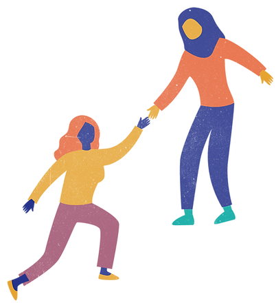 Image of a two women reaching their hands up to symbolise one of the women pulling the other one up