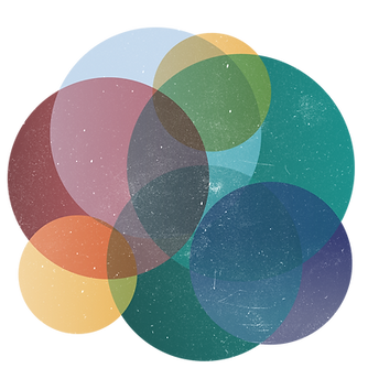 Overlapping, circle pattern - 7 circles each a different colour and size, light blue, dark blue, teal, orange and pink/red