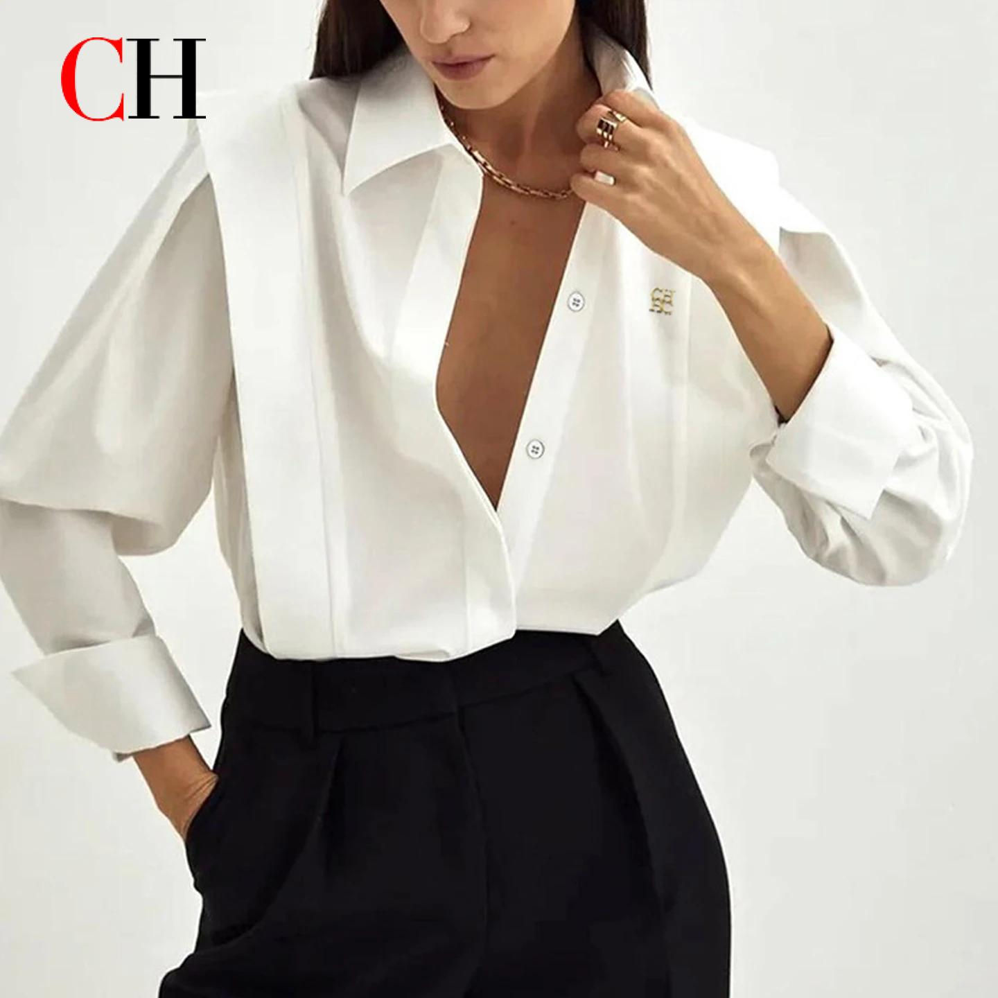 CH Womens CH Logo Embroidered Shirt Long Sleeve Structured Shoulder Office Blous
