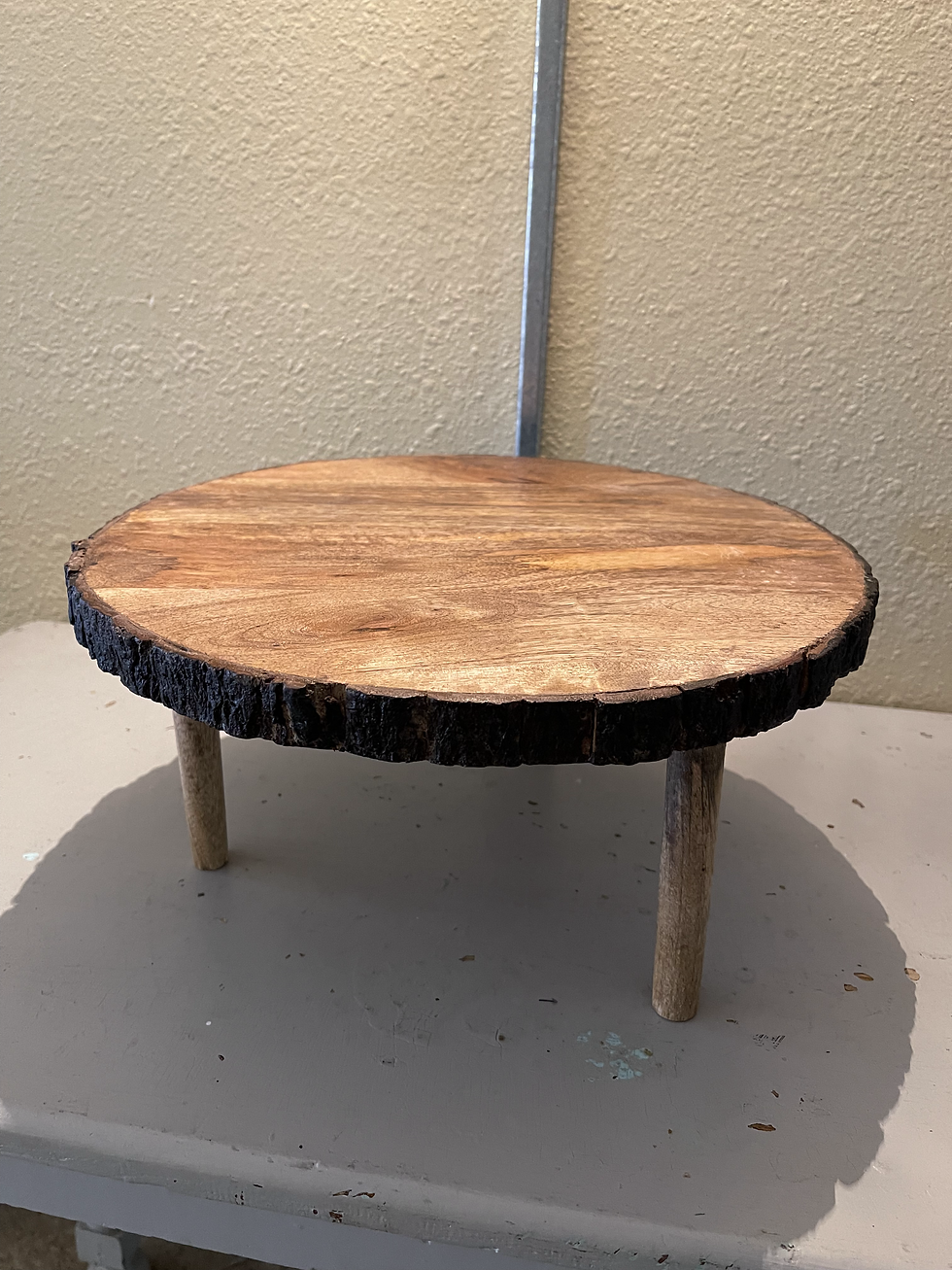 Thumbnail: Rustic Wood Cake Stand with 3 Legs | Spruce St. Rentals | Wedding Décor Rentals | Shelbyville, IL