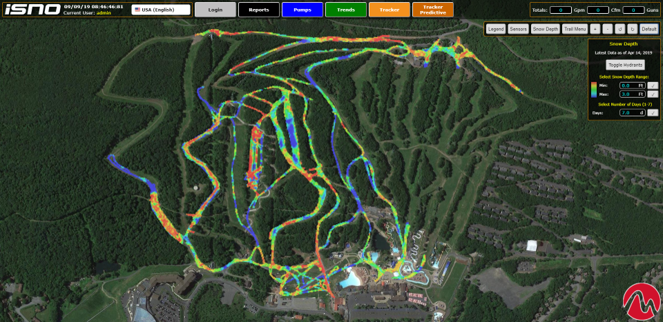 HKD iSNO control screen displaying a color-coded ski trail map.