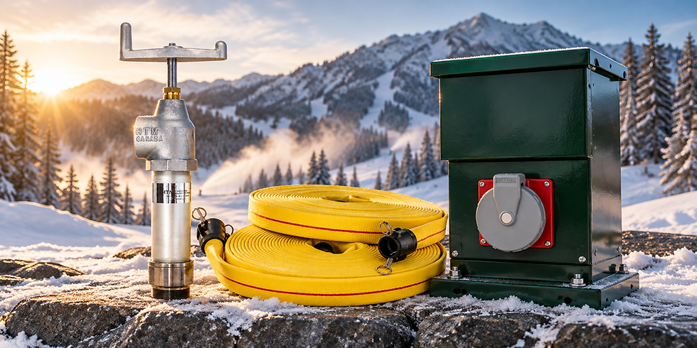 HTM snowmaking connections and yellow hose at a ski resort.