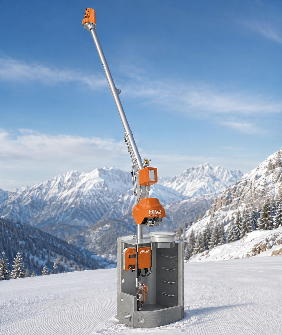 HKD EOS 4.0 DUO snowmaking tower on a mountain slope.