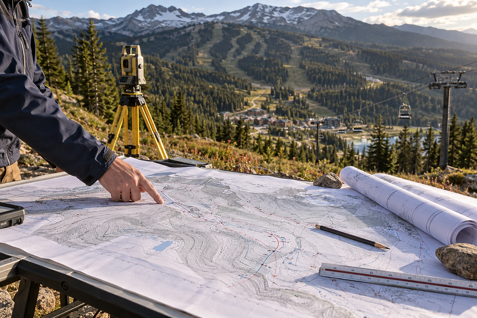 Reviewing engineering plans at a mountain project site.