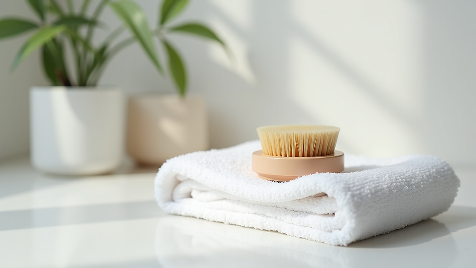 Eye-level view of facial cleansing brush on white towel