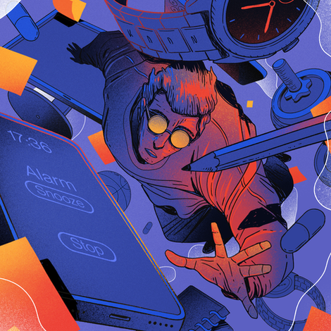 Editorial illustration by kaan for bbc science focus magazine, about a man falling inbetween objects