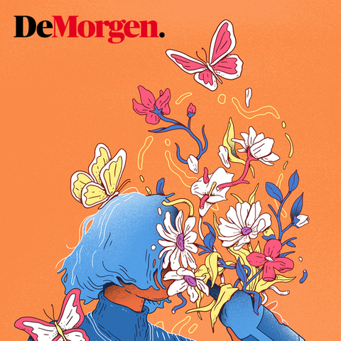 A woman drinking from a bottle. Her face is hidden by flowers and butterflies