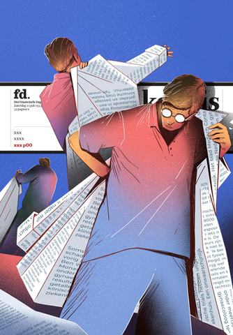 Cover editorial illustration of scientists putting on coats made of newspaper articles