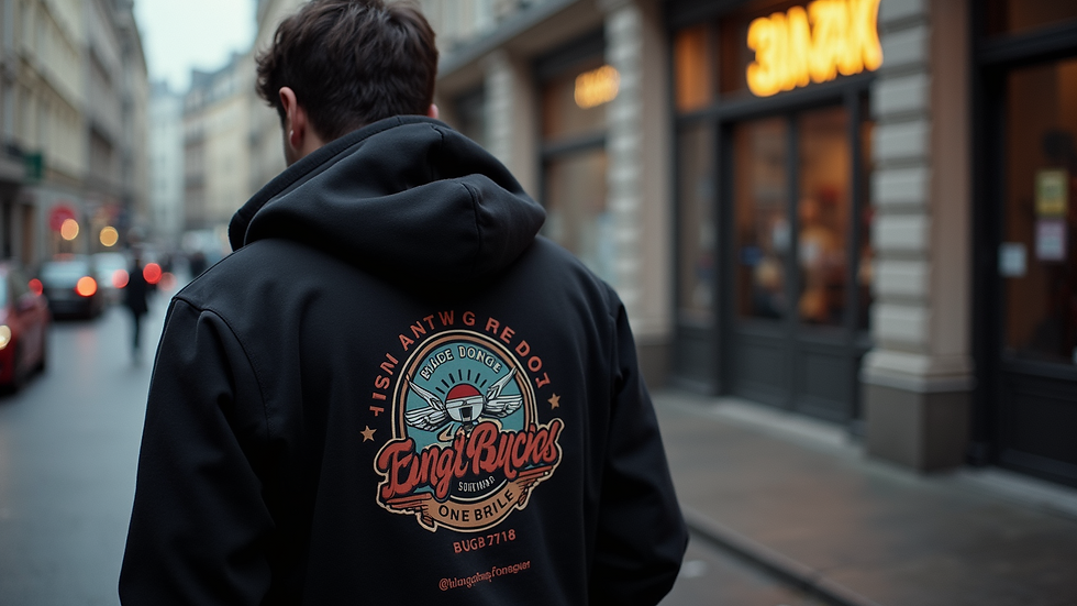 High angle view of a streetwear hoodie with garage music inspired graphics