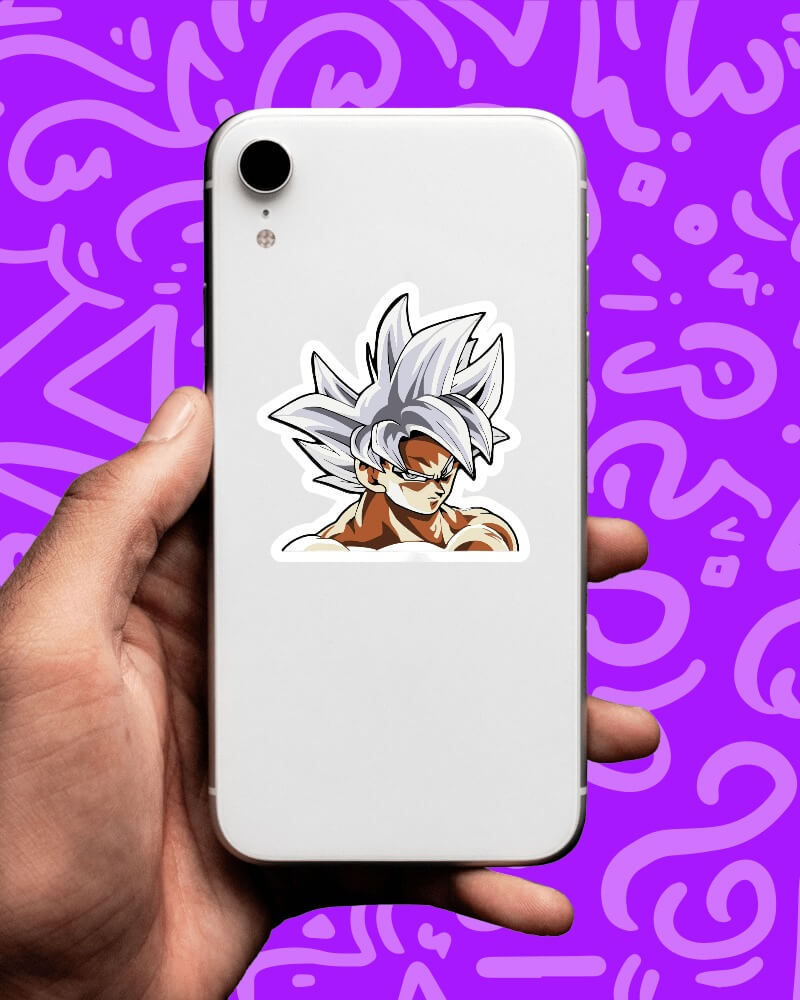 Thumbnail: a person holding a white phone with purple background and there is a sticker of goku with white hairs pasted on it