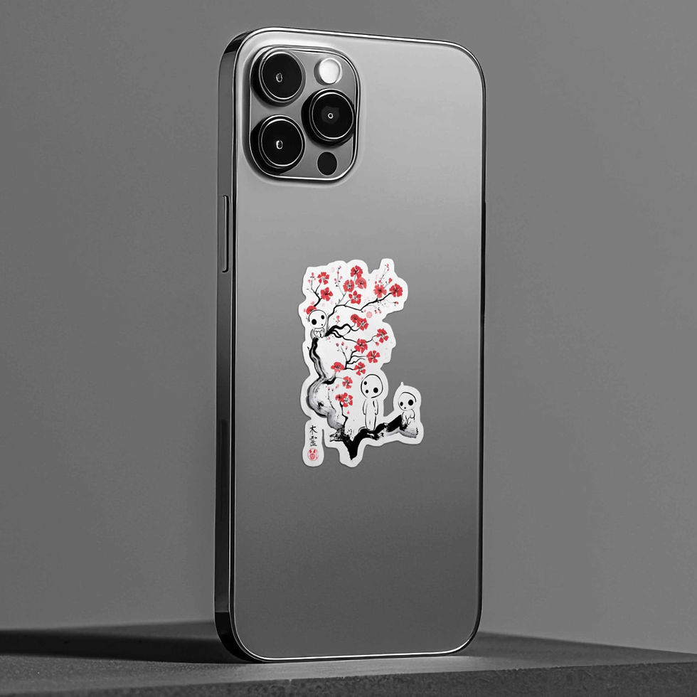 Kodama Cherry Blossom Sticker featuring Japanese tree spirits sitting on a cherry blossom tree with red sakura flowers