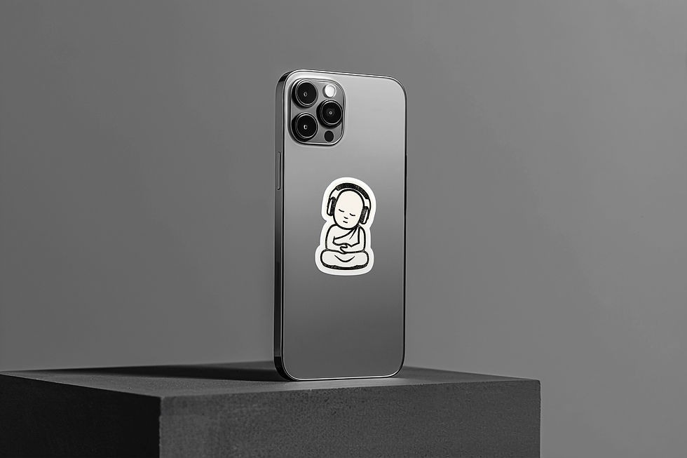 Thumbnail: Zen monk meditation sticker with headphones. Premium matte, waterproof calm aesthetic sticker for laptops, bottles, and study