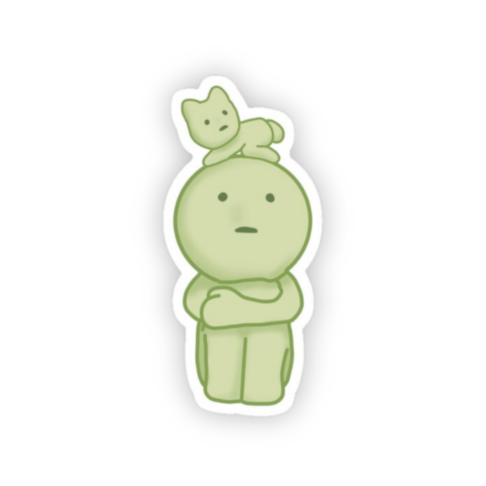 cute green buddy sticker featuring a pastel kawaii character with a tiny companion sitting on its head
