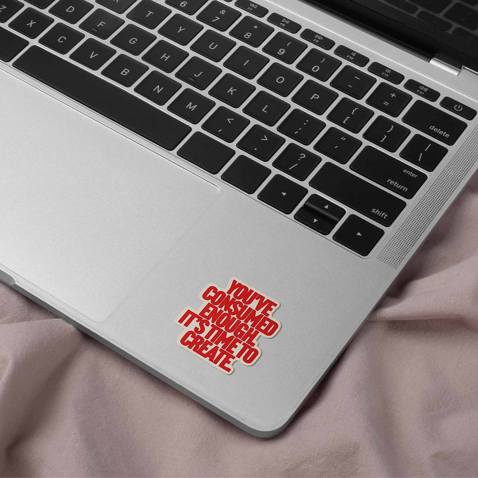 Thumbnail: you've consumed enough it's time to create motivational quote sticker in bold red text on laptop