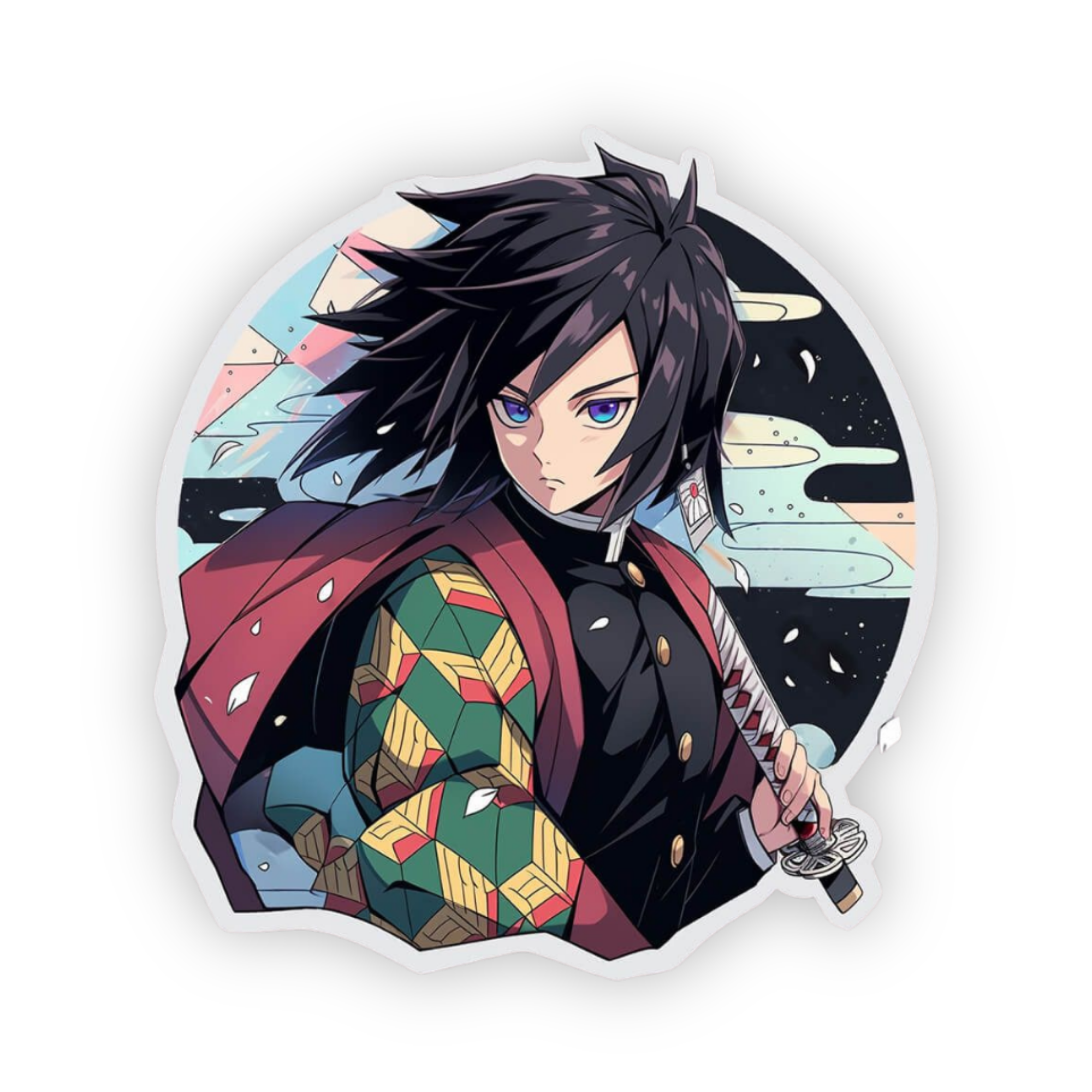 Giyu Tomioka Demon Slayer anime sticker featuring the Water Hashira holding a sword in detailed anime artwork