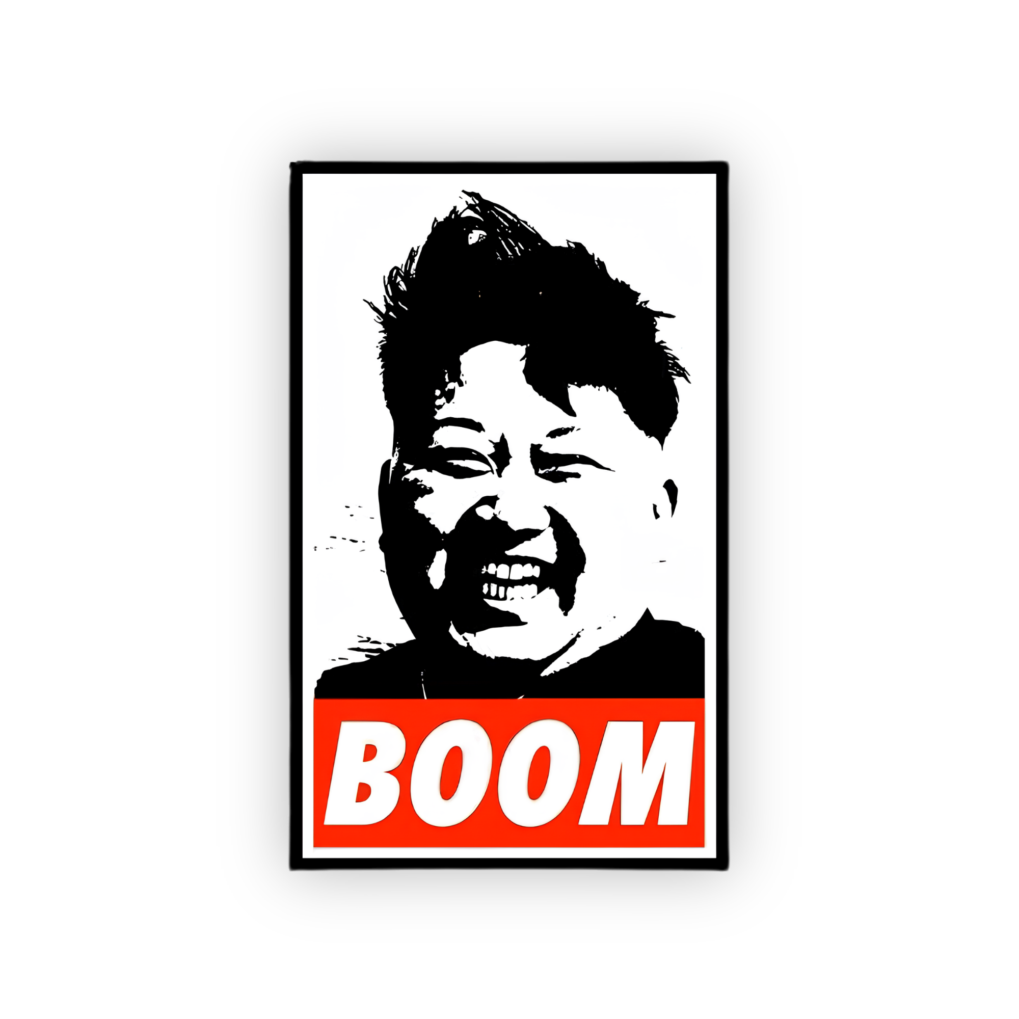 Boom vinyl sticker featuring a high-contrast pop art portrait with bold red and white typography.