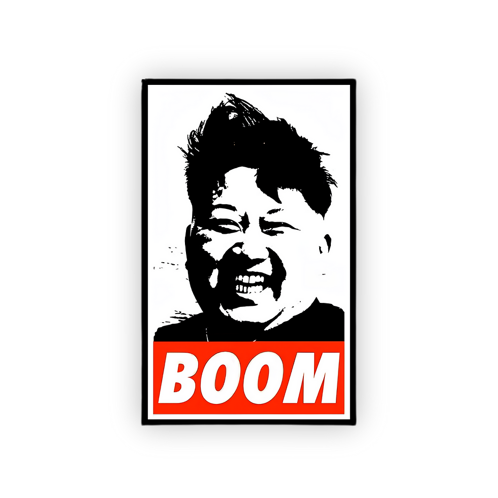 Boom vinyl sticker featuring a high-contrast pop art portrait with bold red and white typography.
