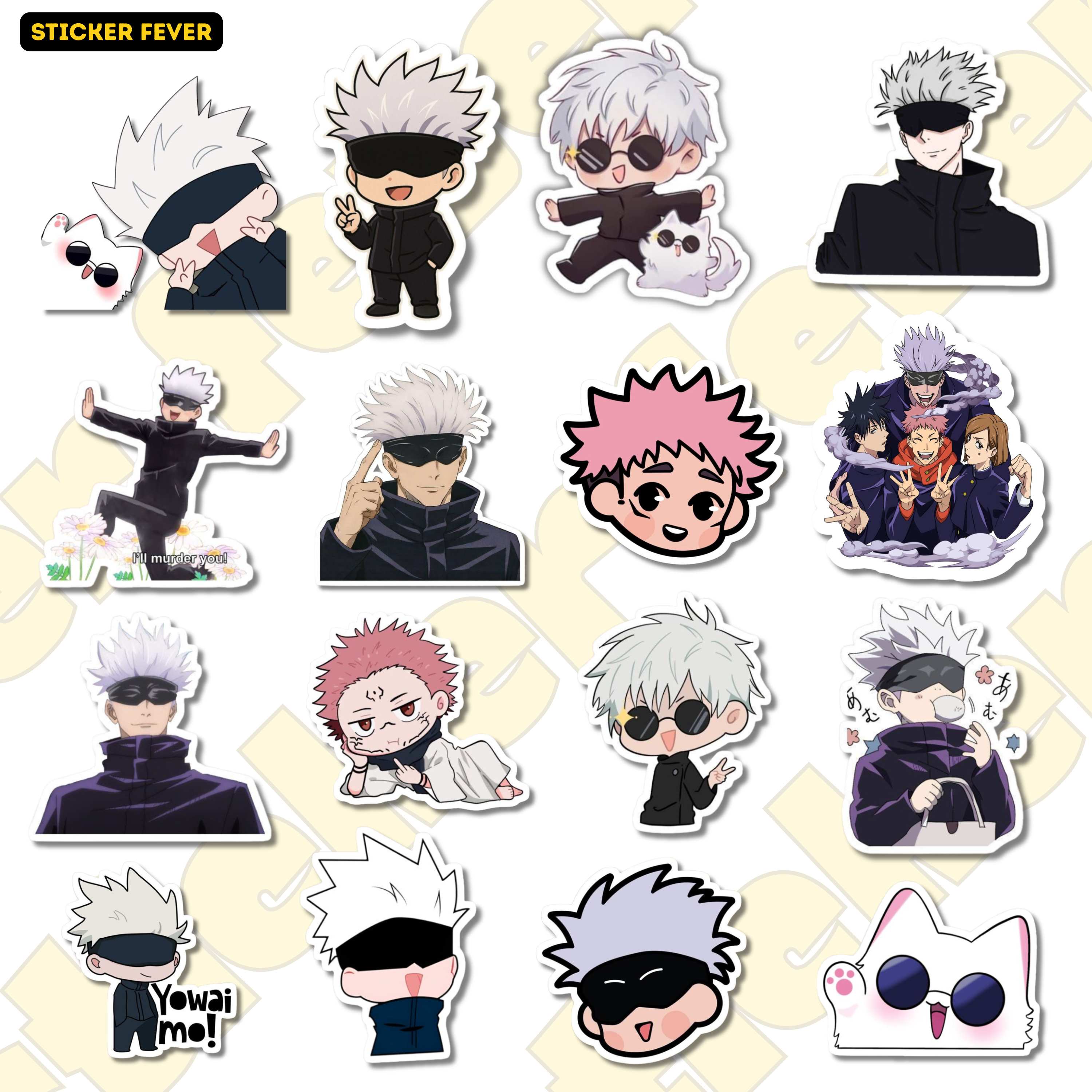 Shop Cute Gojo Sticker Set Pack of 18 premium waterproof vinyl anime stickers. Perfect for laptops, phones, journals, water b