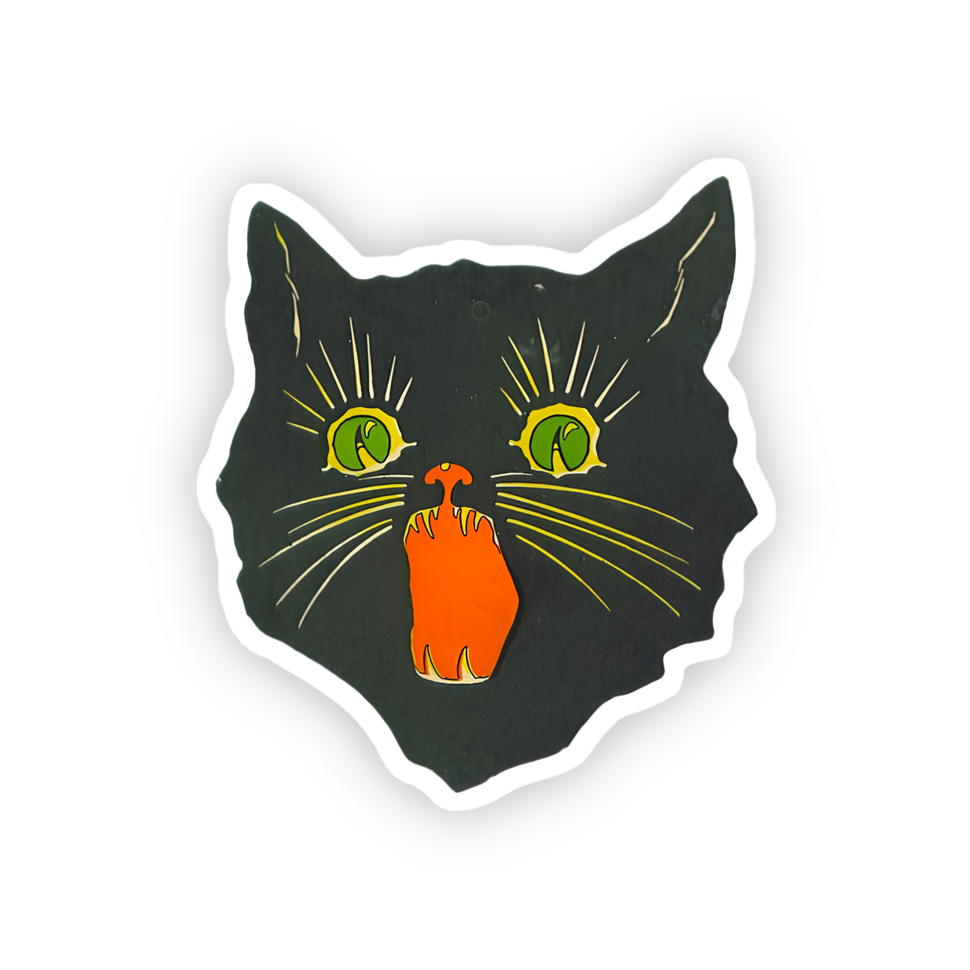 Black cat sticker with green eyes and playful orange tongue aesthetic design