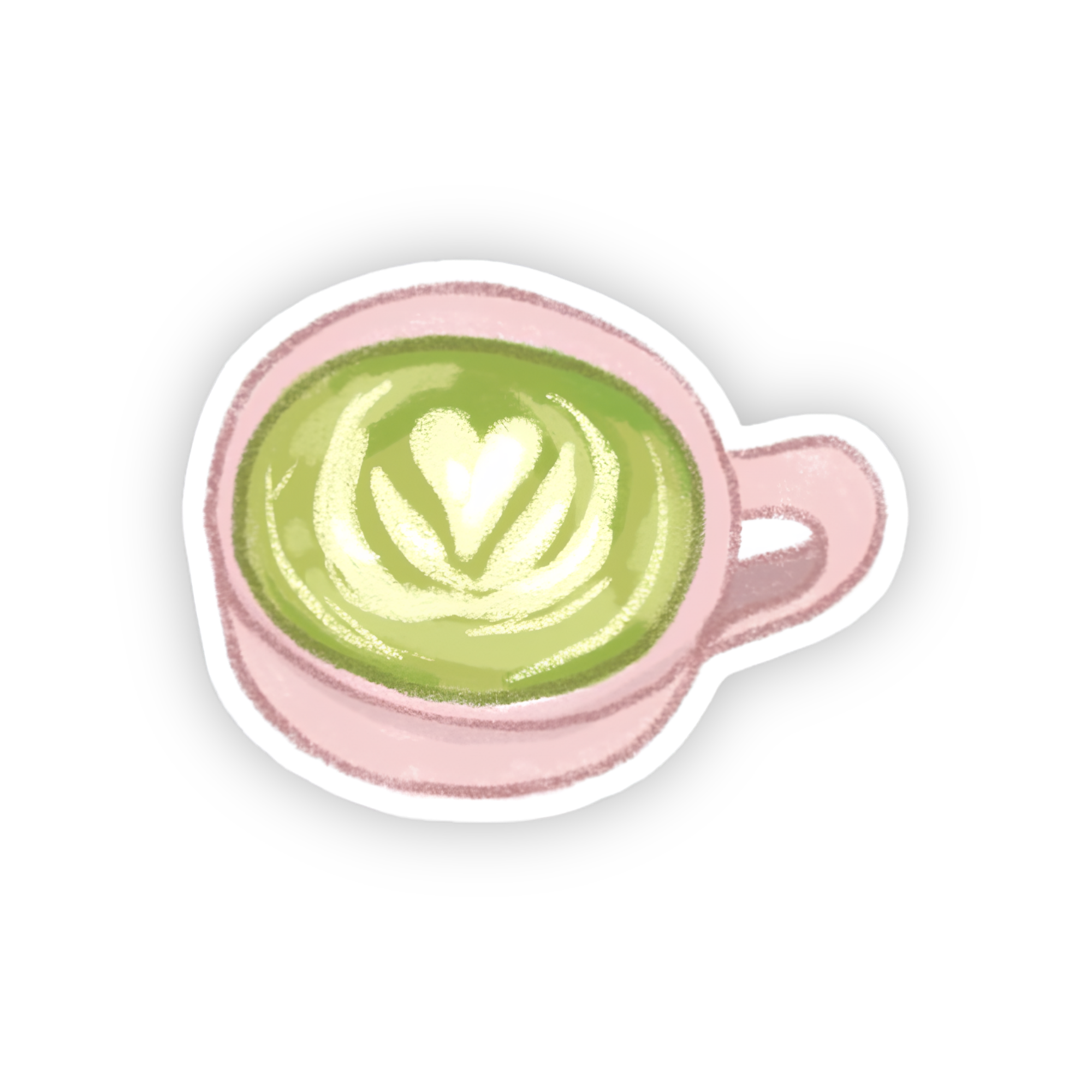 Cute matcha latte sticker with heart latte art in a pastel pink coffee cup