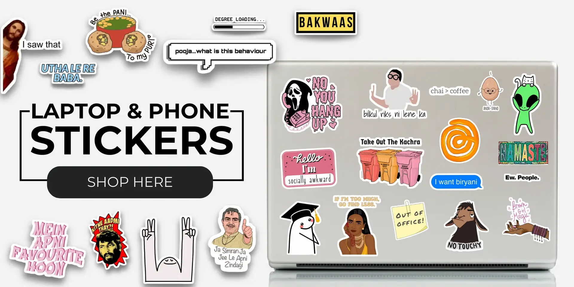 Colorful laptop and phone sticker pack featuring funny memes, pop culture references, and motivational quotes. Shop now at StickerFever.in.