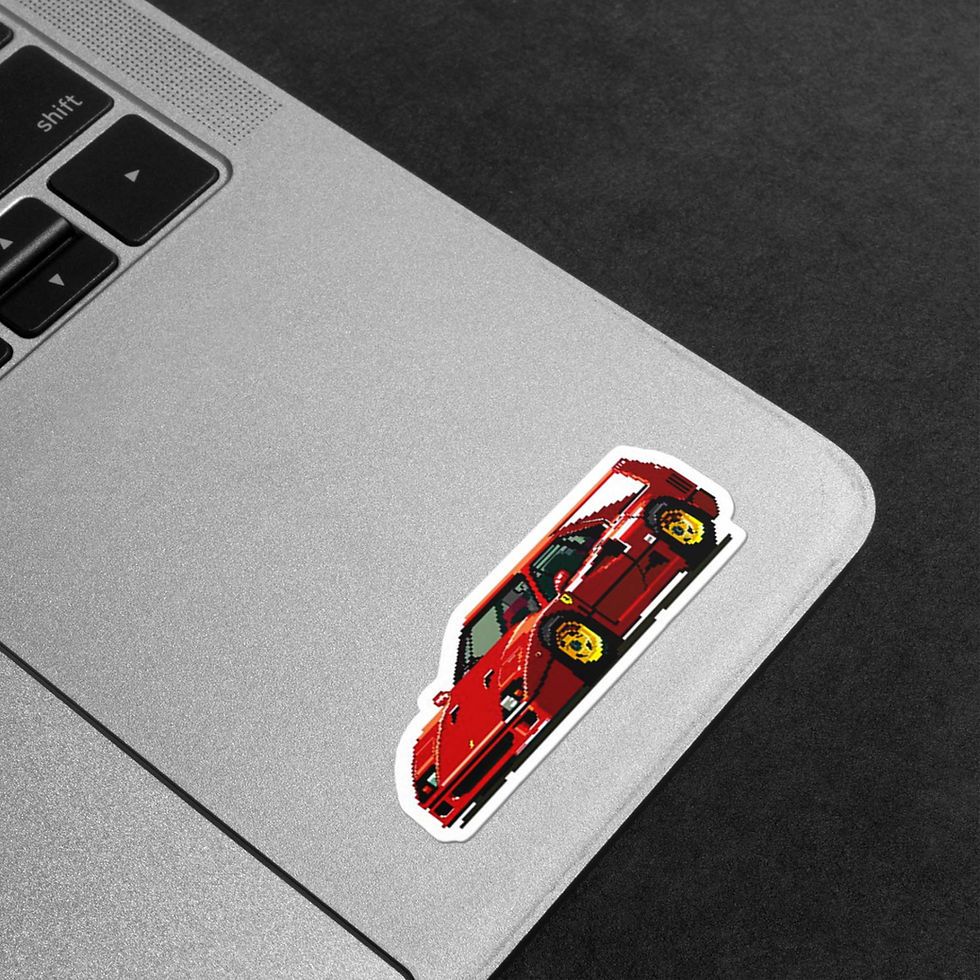 Thumbnail: Pixelated Ferrari F40 retro car vinyl sticker on laptop closeup