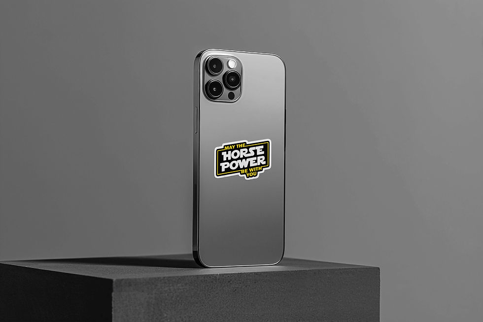 Thumbnail: May The Horse Power Be With You Sticker featuring a humorous automotive-inspired quote in bold white and yellow text on a bla