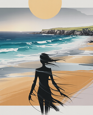 Silhouetted woman walking toward surf under low sun