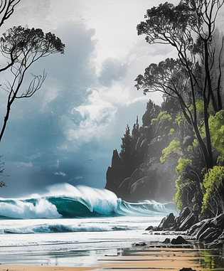 Turquoise wave at right, leading into misty forest cliff