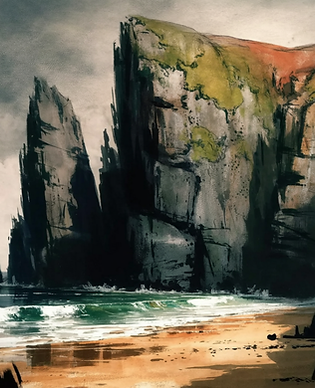 Majestic cliffs slope into sea, sunlight catching their craggy edg