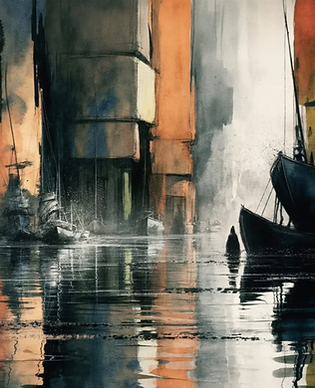 Collapsed city buildings in rusted hues reflect in floodwaters - silence after chaos