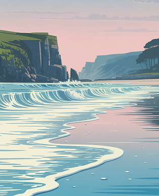 Blue-gold estuary winding through layered cliffs