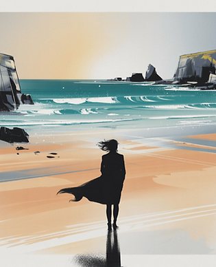 Lone figure, windswept on empty beach