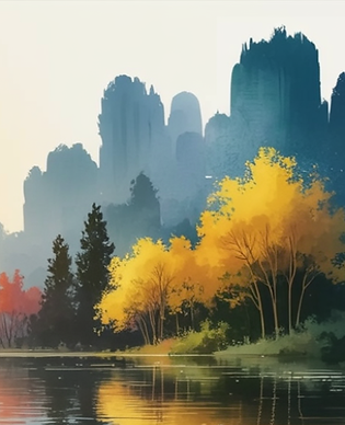 A lake- in autumn forest in the distance