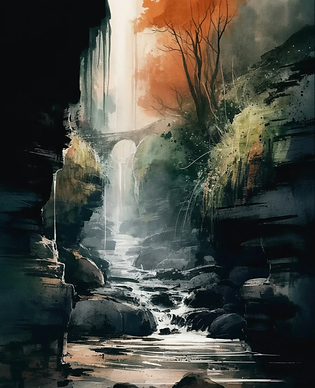 Light cuts through a crevice in an ancient canyon, water shimmering below