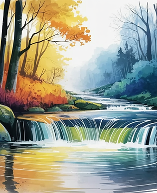 A waterfall flowing into a shallow stream