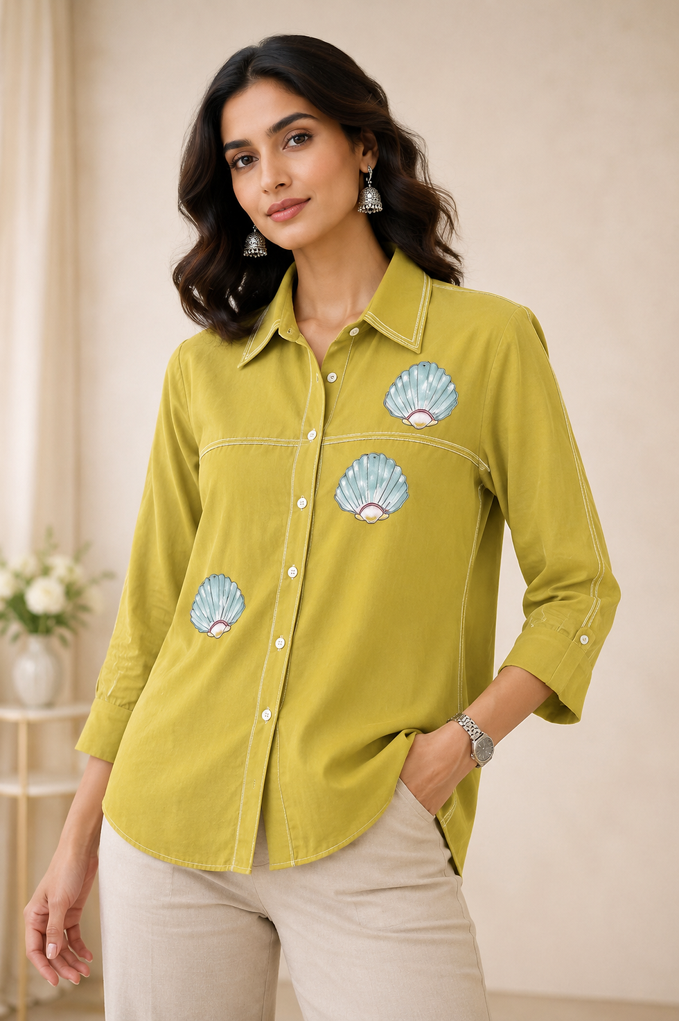 Thumbnail: Coral Embroidery Cotton Linen Shirt