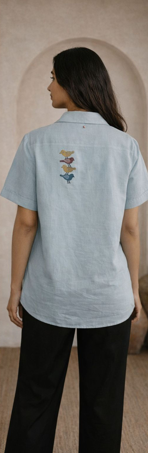 Thumbnail: Bird Hand Embroidery Cotton Linen Shirt