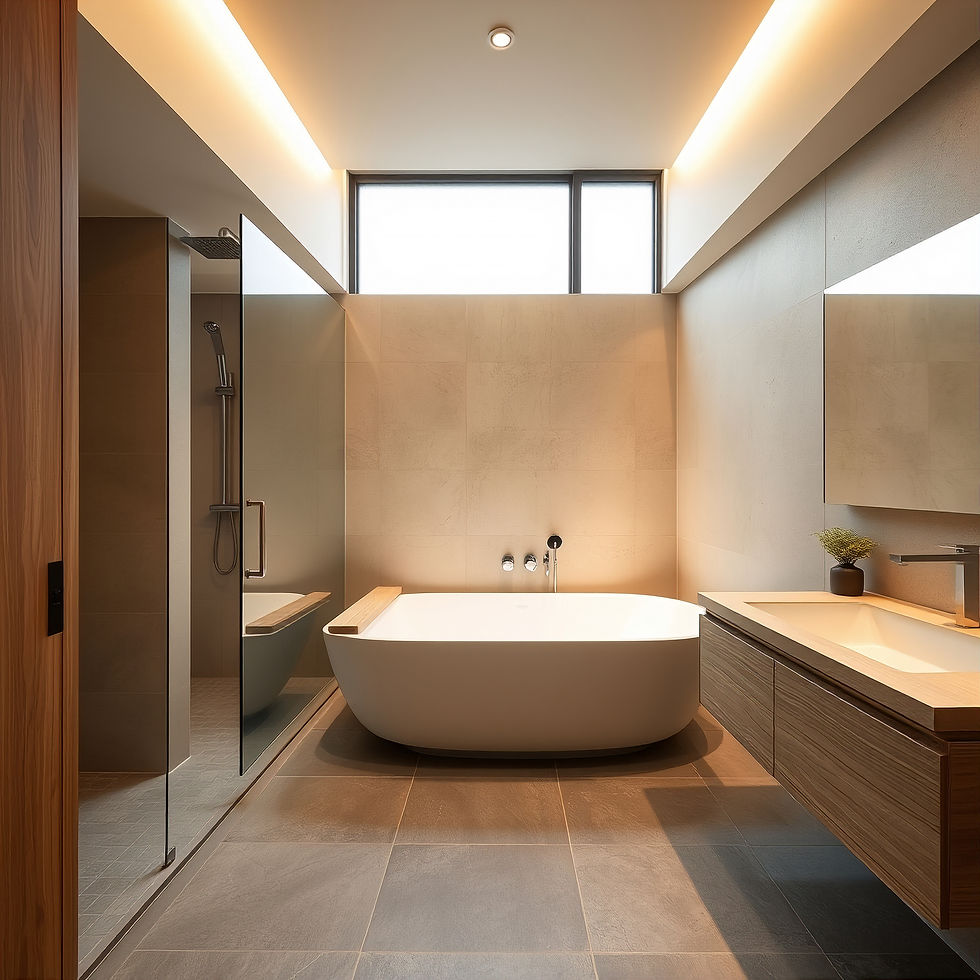 Modern Japanese residential hotel bathroom, Japandi style, compact 9 sqm layout, deep rect
