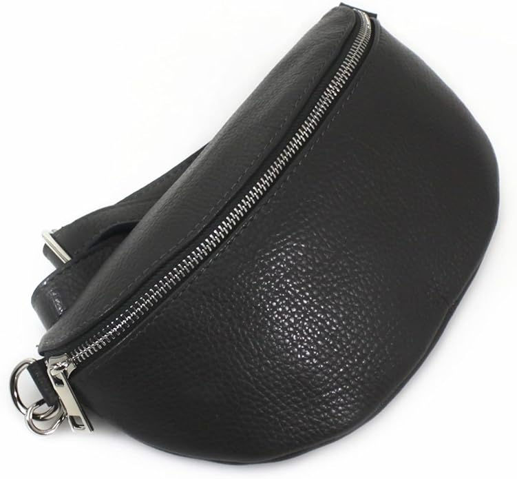 genuine leather sling bum bag in black, worn crossbody style, with adjustable strap and multiple zippered compartments, ideal