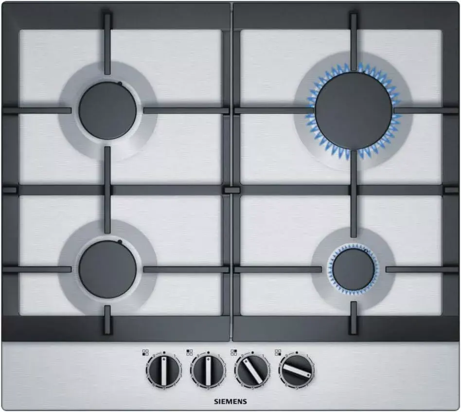 A close-up view of the Siemens EC6A5PB90 Gas Hob, showcasing its sleek black glass surface with four burners and the distinct