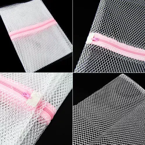 Three zipped laundry wash bags made of mesh net, designed to protect lingerie, underwear, bras, and socks during the washing