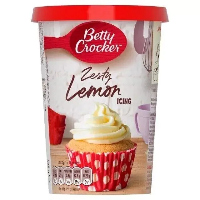 Container of Betty Crocker Zesty Lemon Icing, 400g, featuring vibrant packaging with the product name and a lemon-themed desi