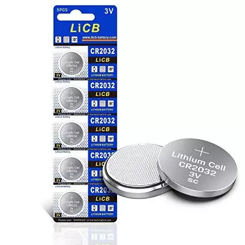 Front view of LiCB CR2032 3V lithium batteries in a 5-pack packaging