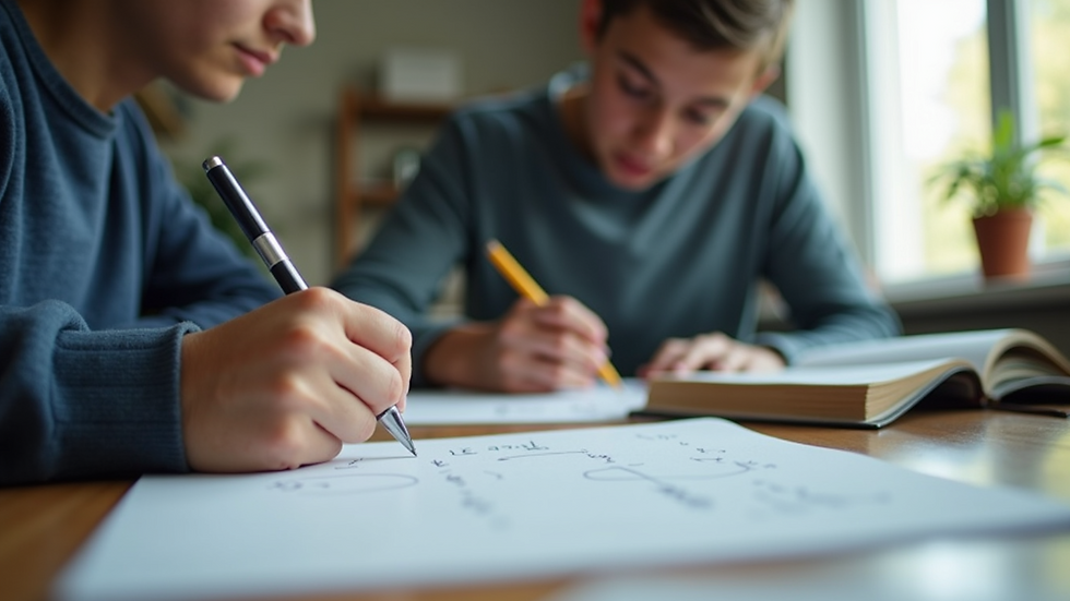 Eye-level view of a student working on math problems with a tutor