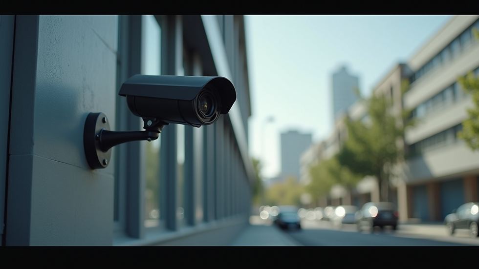Eye-level view of modern surveillance camera mounted on a building