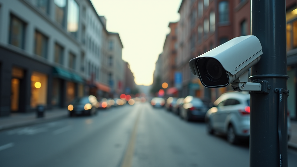 High angle view of outdoor surveillance camera on a city street